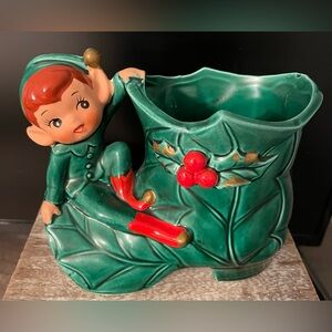 Vintage Christmas Inarco Green Christmas Elf Planter with Red Accents.